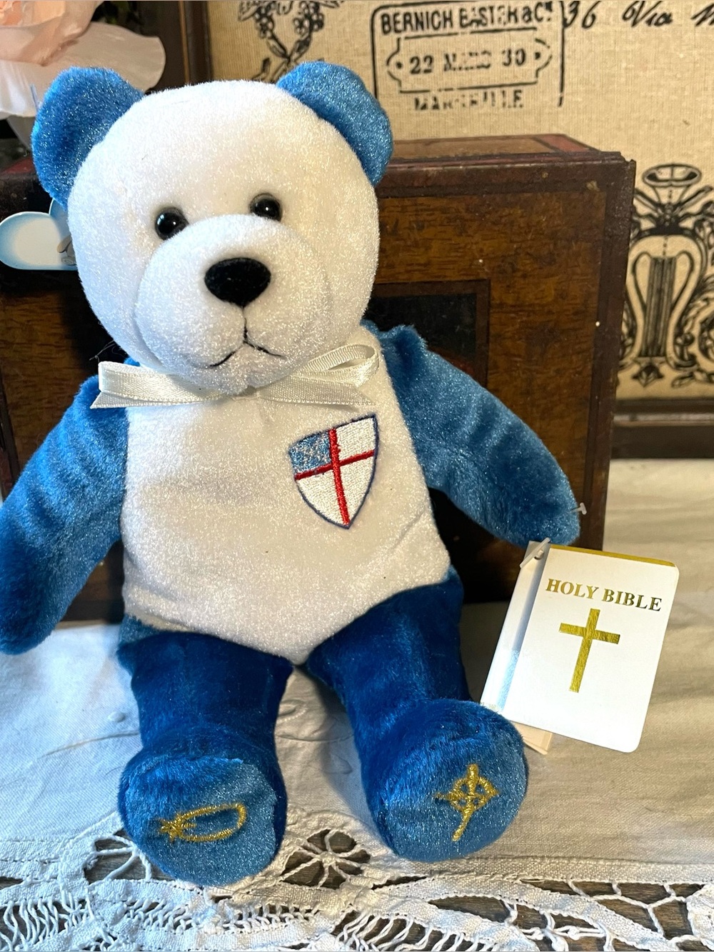 Vintage Holy Bear blue white beanie stuffed animal new